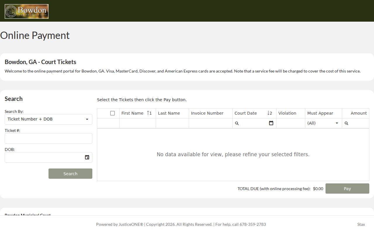 Bowdon court docket search through JusticeONE tickets