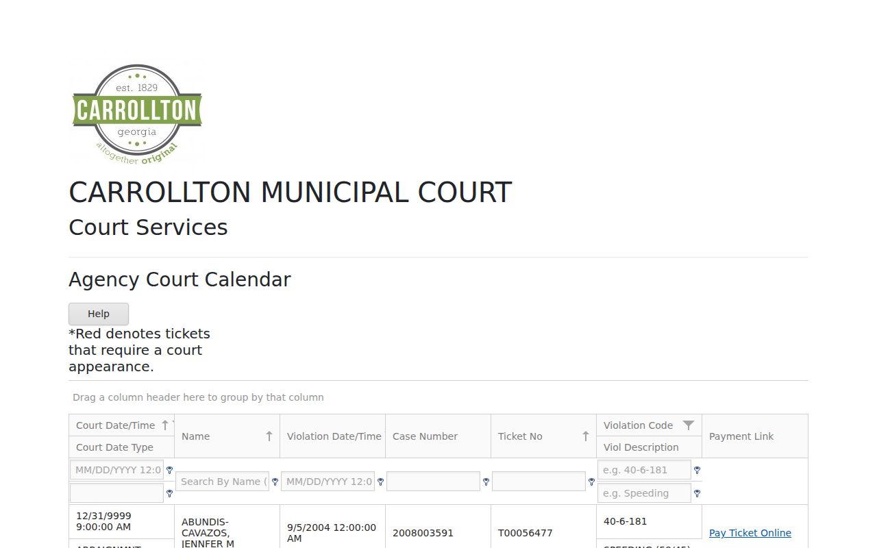 Carrollton court docket search and Courtware calendar