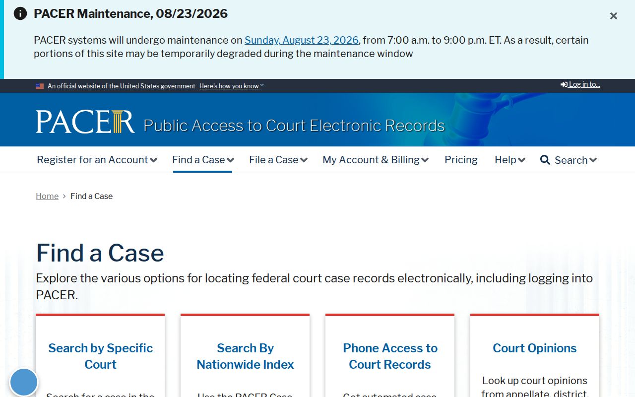 Carroll County federal case search through PACER