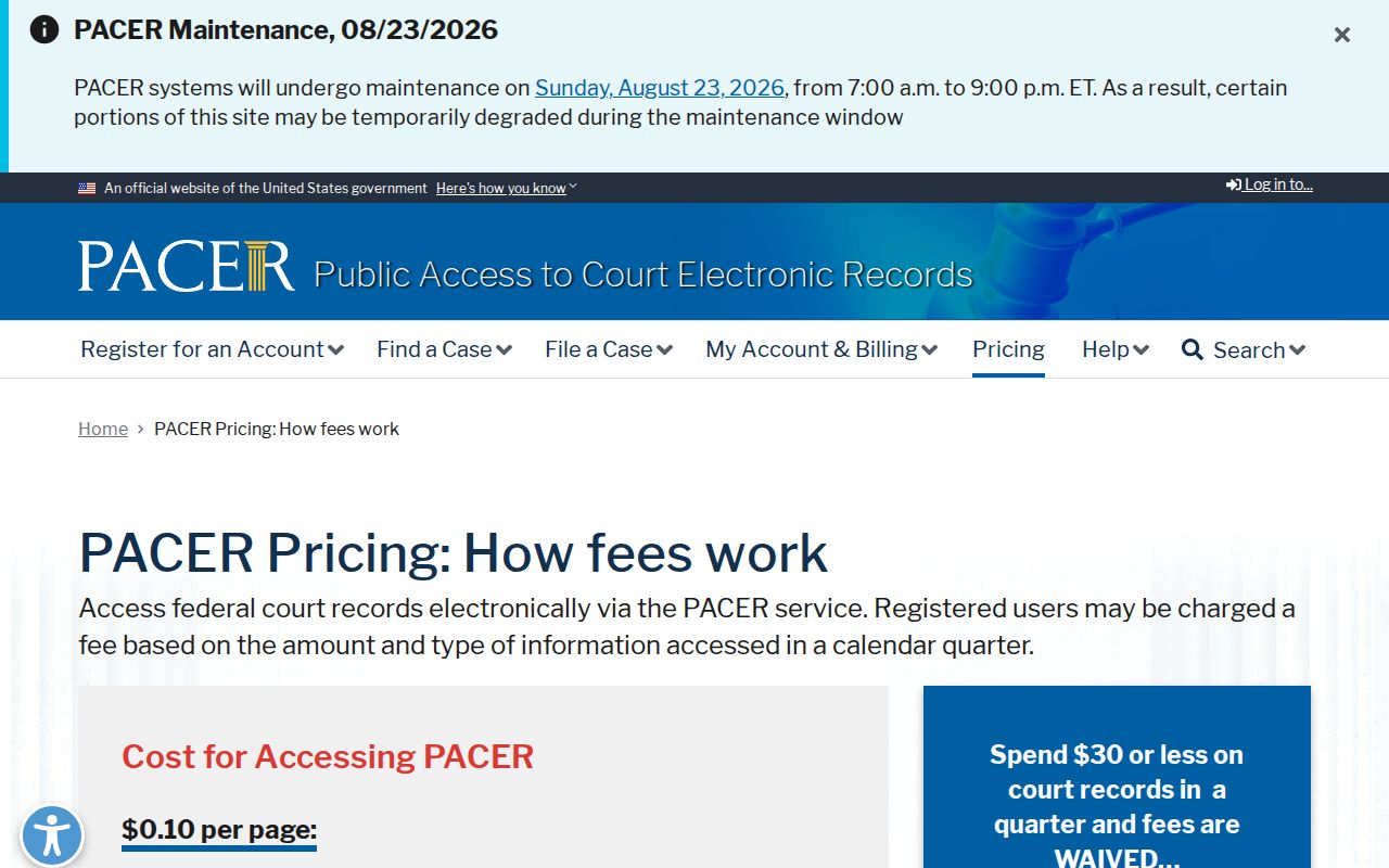 Carroll County federal case lookup PACER pricing rules