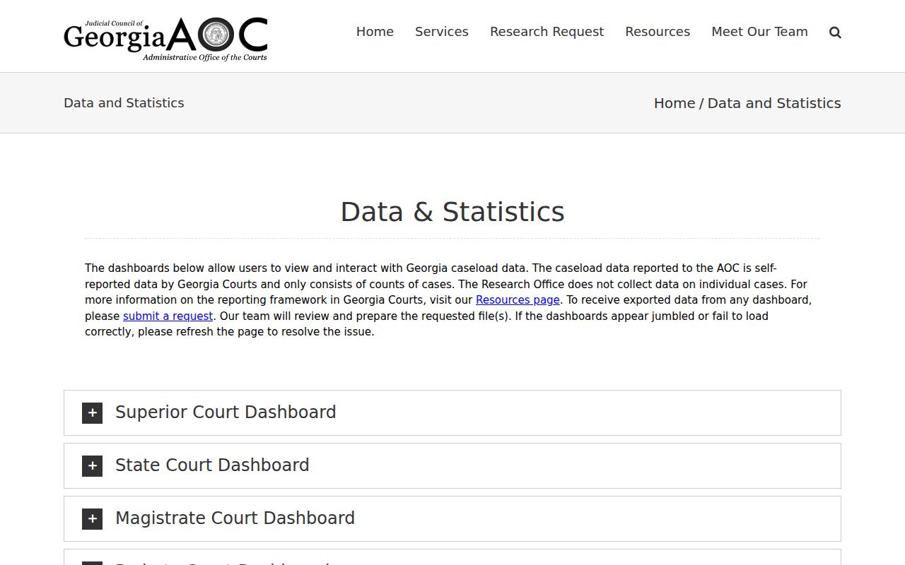 Georgia court data and statistics dashboard page