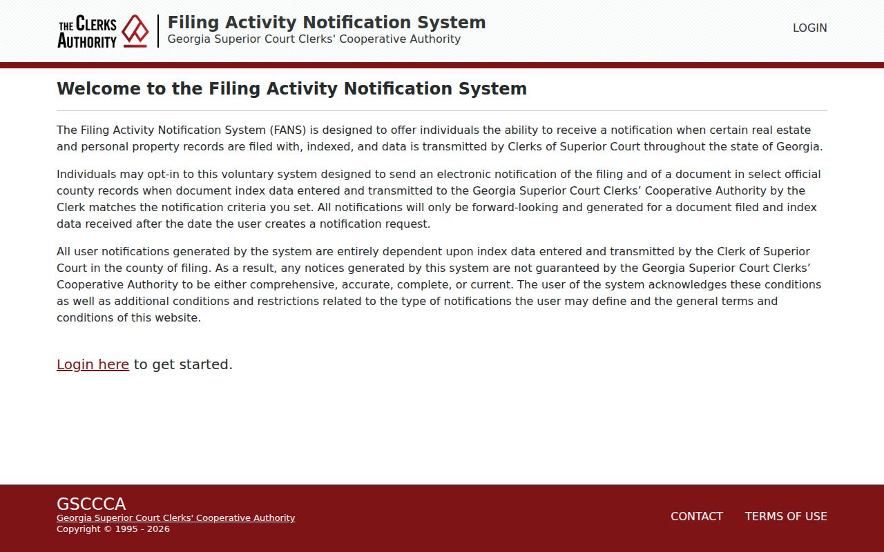 Georgia FANS property filing notification login page